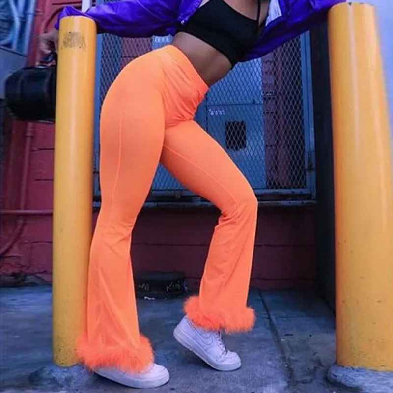 2023 Sexy Women Sheer Mesh Wide Leg Pants See Through Transparent Faux Fur Trim Pants High Waist Full Night Club Wear Trousers