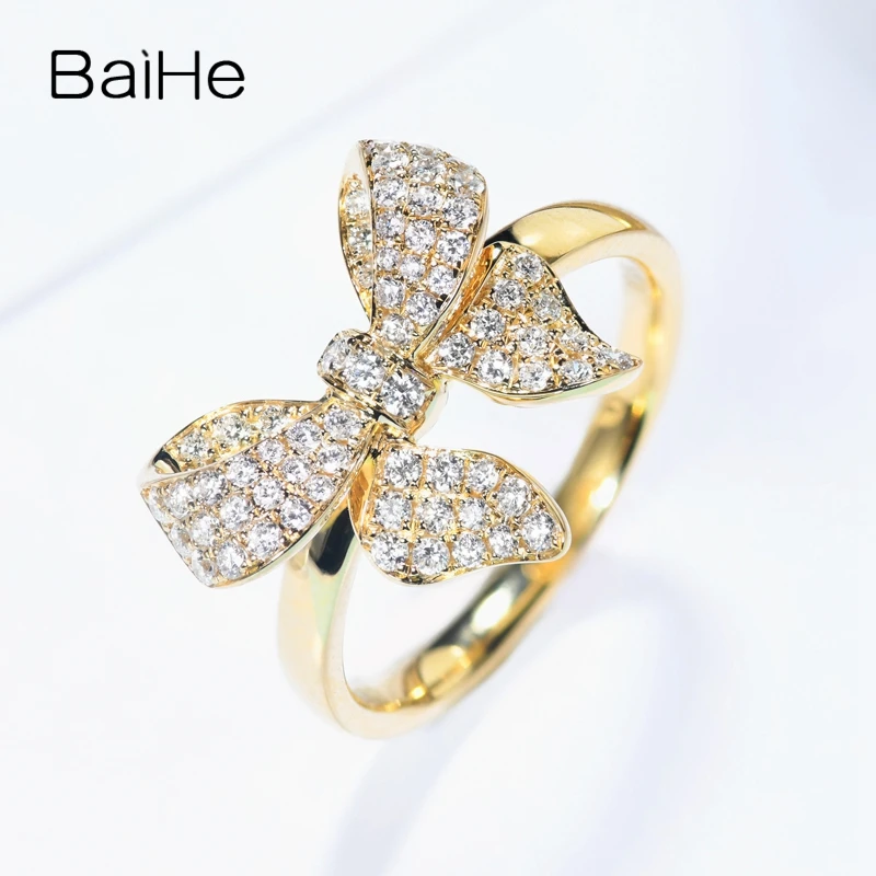 BAIHE Solid 14K Yellow Gold 0.49ct H/SI Natural Diamond Bowknot Ring Women Wedding Trendy Fine Jewelry Making Anillo con lazo