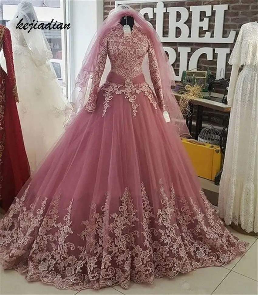 Robe De Mariee 2020 Pink Turkish Islamic Wedding Dresses With Veil Muslim Long Sleeve Lace Applique Bridal Dress Arabic