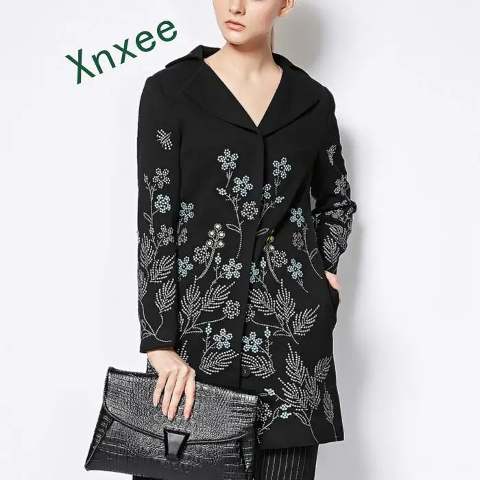 

Xnxee Long Coat 2019 Autumn Winter New Fashion Good Women&#39s Elegant Long Sleeve Small Flowers Embroidery Black Long Jakcet