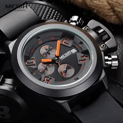 Megir Fashion Mens Silicone Band Sport Quartz Wrist Watches Analog Display Chronograph Black Watch for Man with Calendar 2002