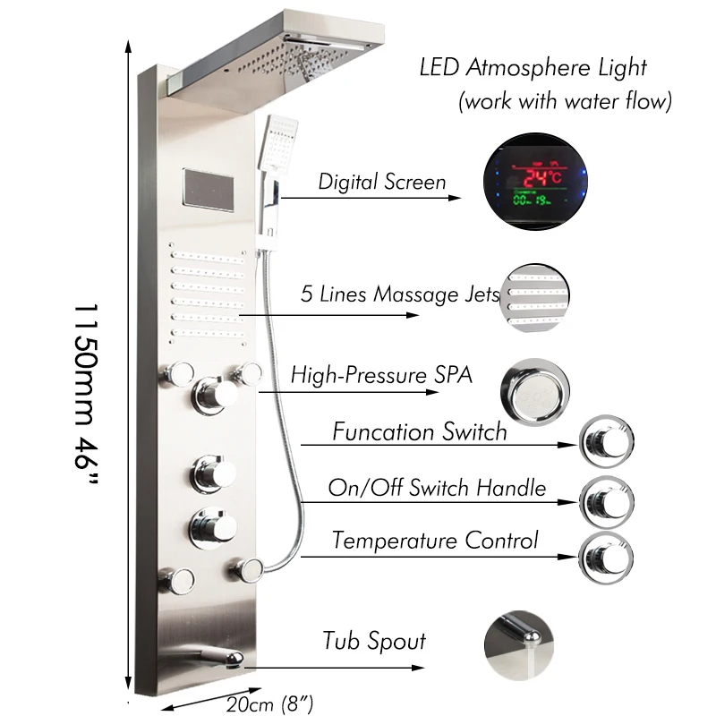 Imagem -03 - Yanksmart-chuveiro Níquel Escovado com Jatos de Água Painel Digital Led Ducha Cascata de Chuva Spa Torneira Misturadora