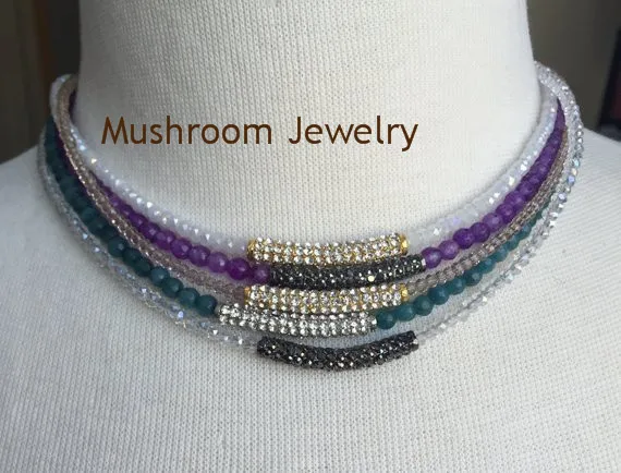 

Boho Gunmetal Pave Bar Purple Jade crystal Beads Stone Choker Necklace Collar Necklace