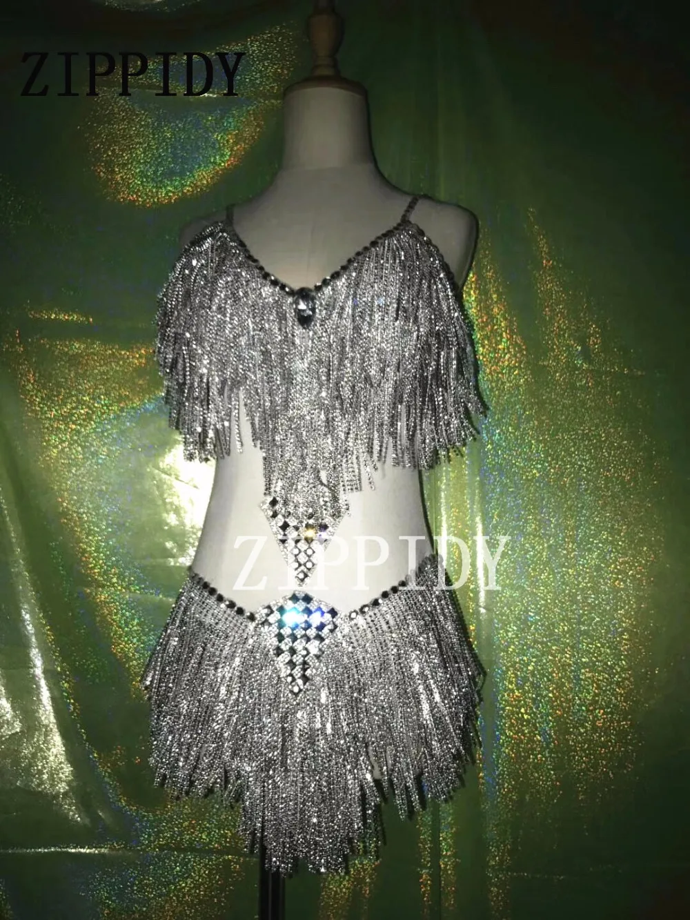 Sexy Silver Rhinestones Tassel Bodysuit Costume Nightclub Dj Celebrate Performance Outfit Crystals Wear Stage Show Leotard