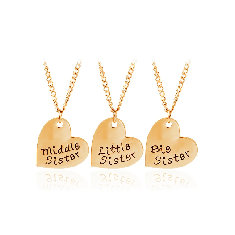 New Arrival Big Sis Middle Sis Little Sis Gold Silver Plated Necklace Lettering Heart Pendant For Sisters Christmas Jewelry