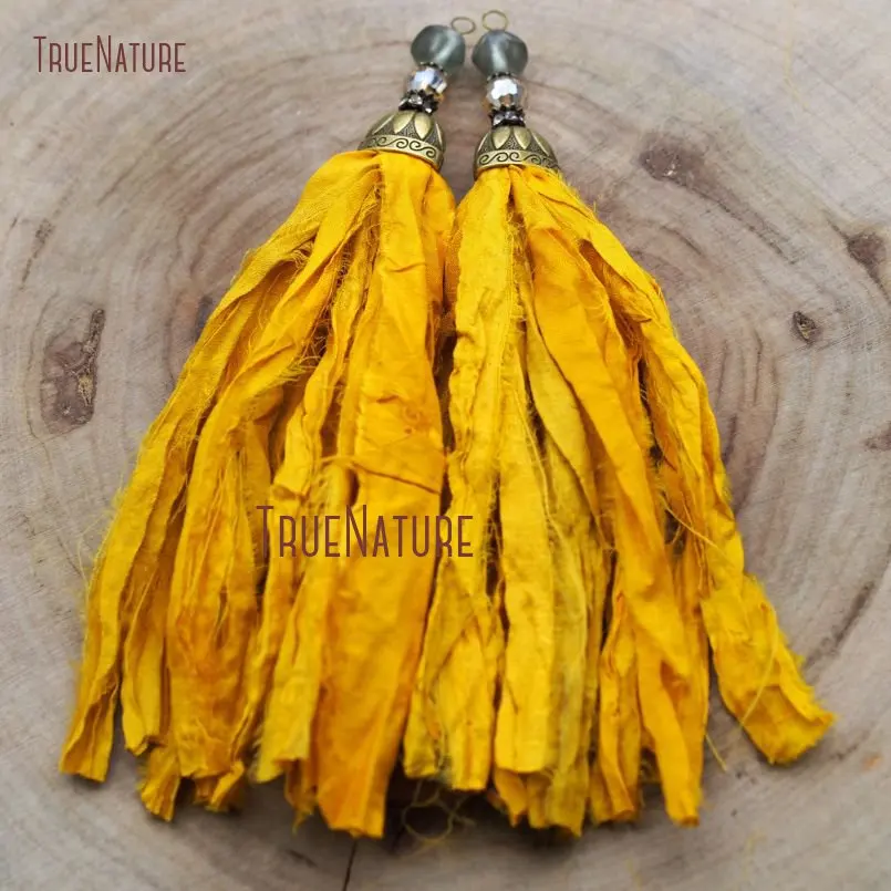 

New Color Golden Yellow Sari Silk Tassel Pendant Boho Style Tassel Antique Bronze Cap With Crystal Beads In 6.8 inch PM9053