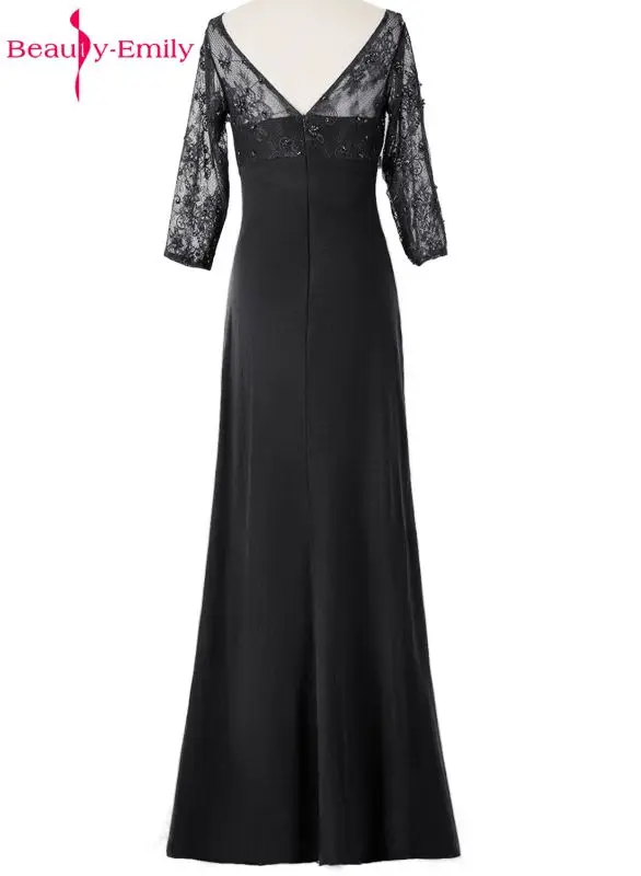 Beauty Emily Black Lace Mother of the Bride Dresses 2019 A Line Full Sleeve O-Neck Zipper Formal Wedding Party Mom Prom Dresses