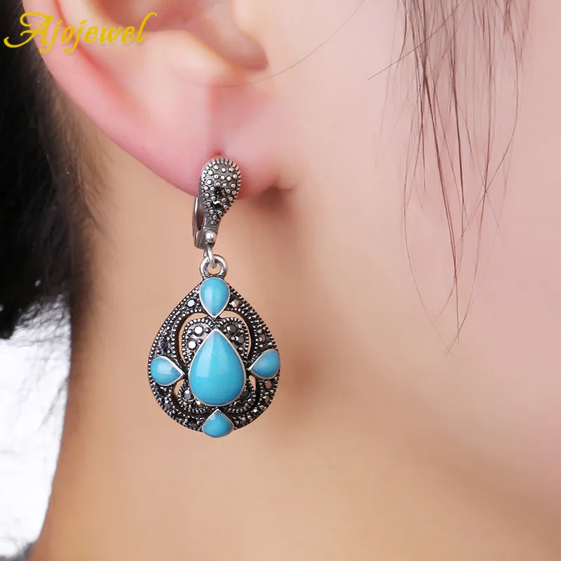 Ajojewel Blue & Green & Red Semi-precious Stone Vintage Jewelry Sets For Women Water Drop Shaped Necklace Earrings Ethnic