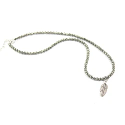 Natural Stone Pyrite Faced Round Beads 4mm Disco Ball Necklace with Alloy Leaf Pendant Fashion Jewelry