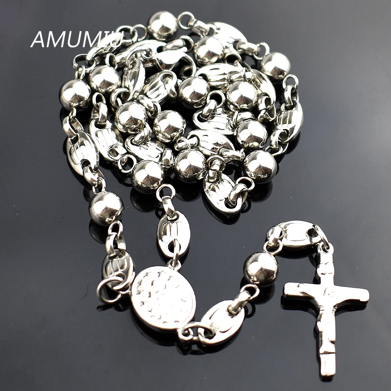 AMUMIU 316L Stainless Steel Mens Beads Fashion Rosary Necklace+Cross Pendant Jesus HN090