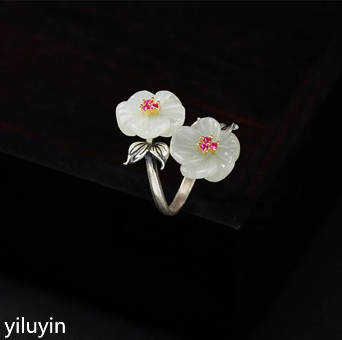 

KJJEAXCMY Boutique jewelry S925 pure silver natural Hetian jade white mosaic double head plum blossom lady high-end ring Girl