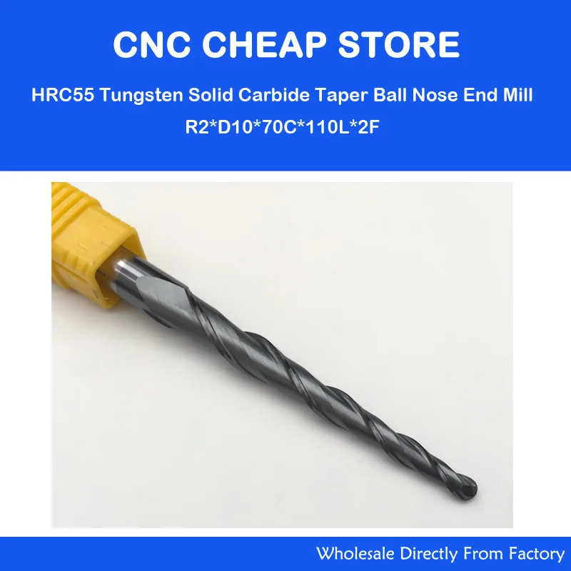 

1pc R2.0*D10*70*110L*2F HRC55 Tungsten solid carbide Tapered Ball Nose End Mills bits cone cnc milling cutter wood knife tools