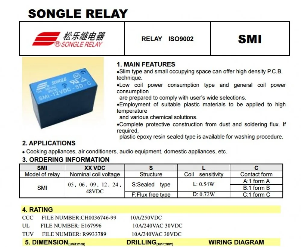 Power Relais SMI-05VDC-SL-C SMI-12VDC-SL-C SMI-24VDC-SL-C 5V 12V 24V 10A 5PIN Relais – Detail 1