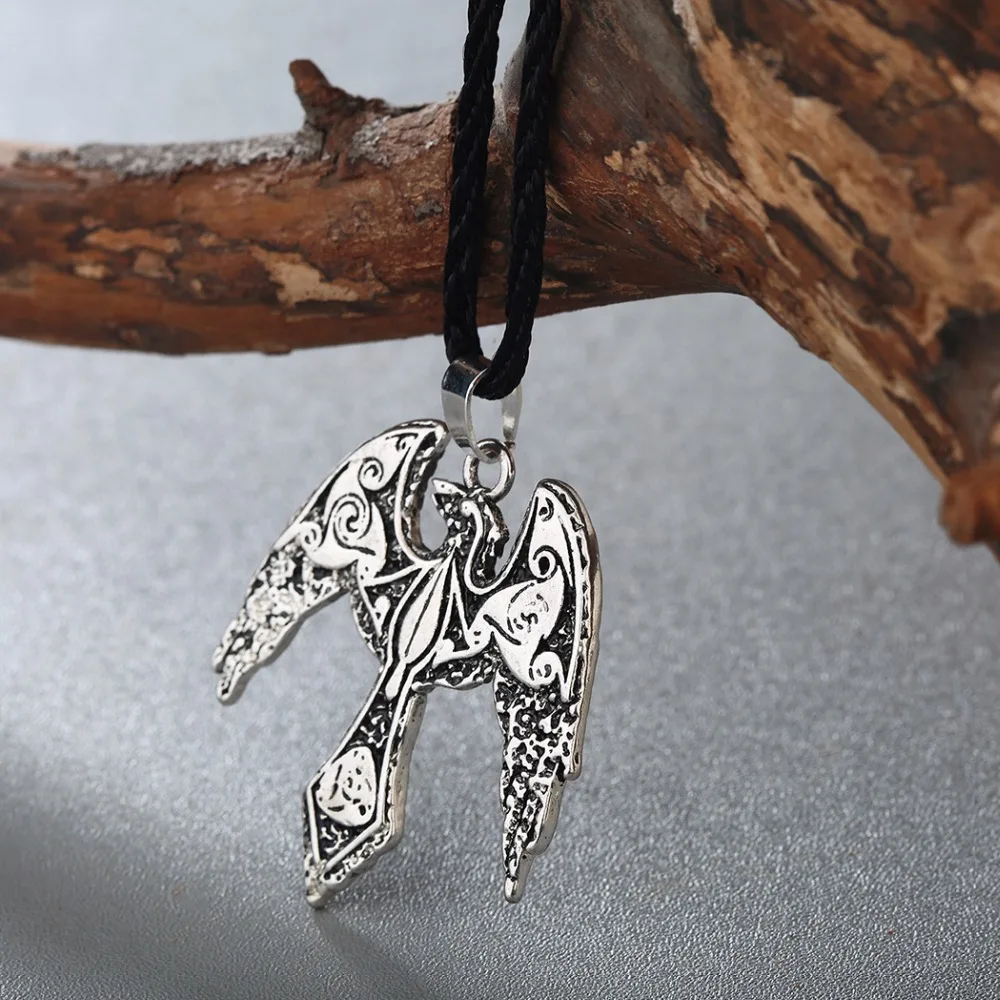 Kinitial Norse Viking Odin\'s Ravens Pendant Necklace Raven Triskelion Symbol Charm Animal Bird Necklaces Statement Runes Jewelry