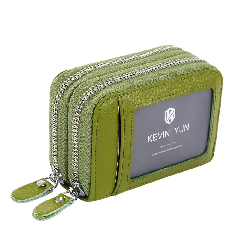 RFID Blocking Fashion Brand Women ID Card Holder Genuine Leather Double Zipper Ladies Credit Card Case Wallet Large Capacity