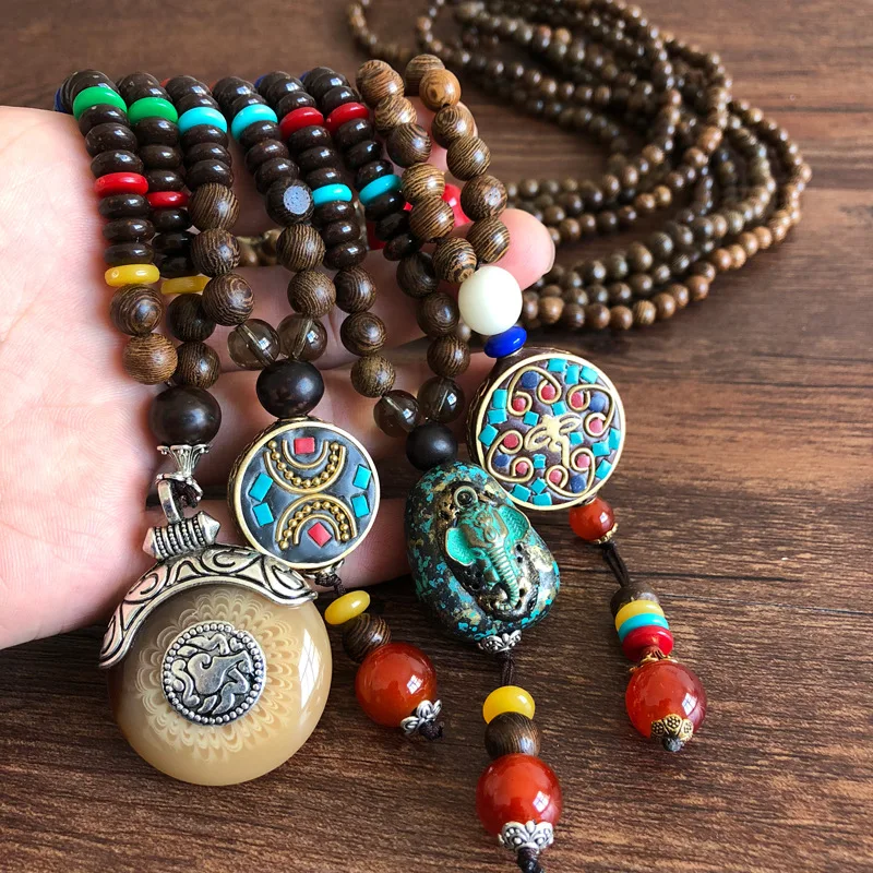 Vintage Nepal Long Buddhist Mala Wood Beaded Pendant & Necklace Ethnic Bohemian Boho Buddha Lucky Jewelry for Women Men