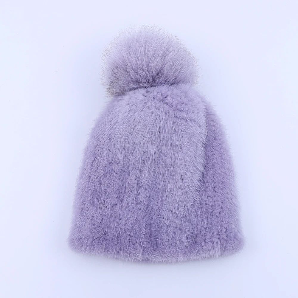 100% real mink fur hat women winter knitted mink fur beanies cap with fox fur pom poms 2017 brand new thick female cap Elastic