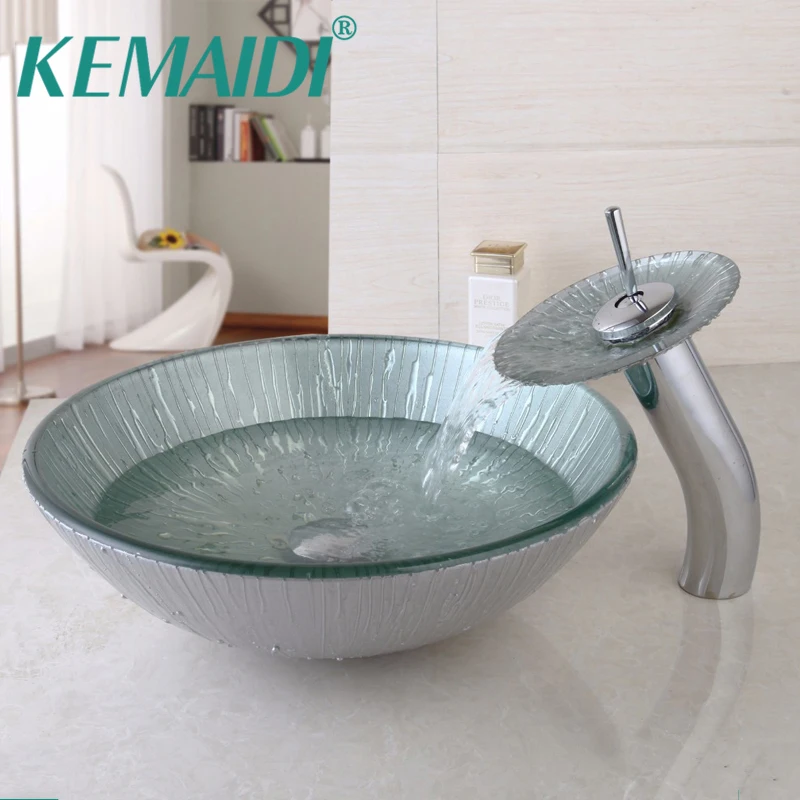 KEMAIDI Bathroom Glass Tap+Bathroom Glass Sink Hand-Painted Waterfall Glass Basin Sink Faucet Set Torneira Mixer Faucet