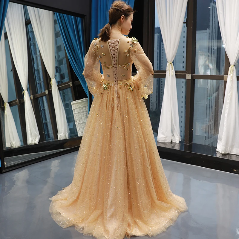 J66751 Jancember Champagne Long Sleeve O Neck Prom Dress 2020 A-line Flowers Beaded Vestidos Formales платье вечернее Robe Femme