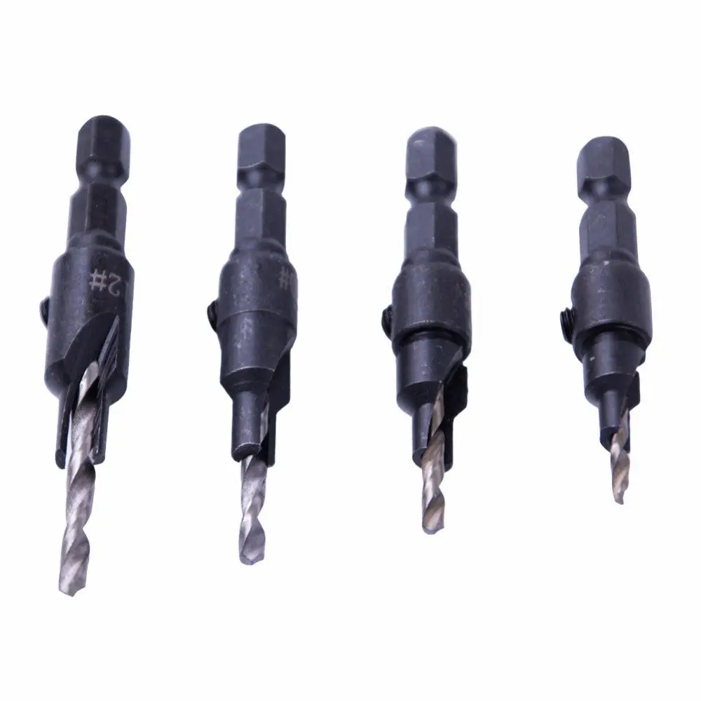 4pcs 1/4 Hex 6# 8# 10# 12# Quick Change Shank Countersink Tapered Drills Bits Cone Reaming Drill Bit Set Wood Woodworking Tools