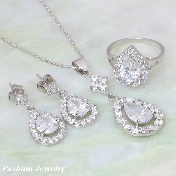

Brand Designer Fashion Jewelry Sets White Cubic Zirconia Silver Color Pendant/Ring/Earrings Set Size 6 7 7.5 6.5 S048