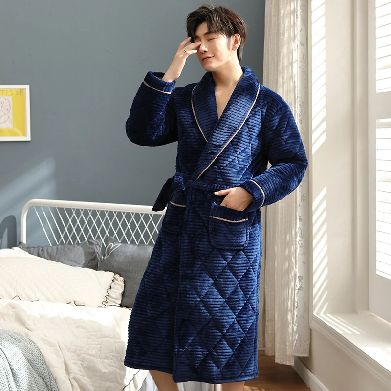 Winter Robe Thick Warm Men\'s Flannel Knit Quilted Robe Long Sleeve Comfortable Soft Solid Causal Male Bathrobe L-XXXL