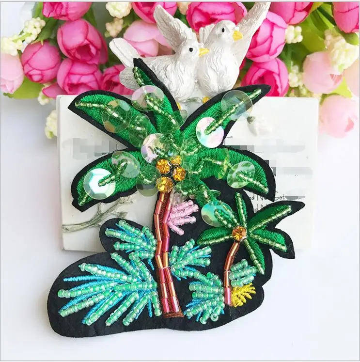 1Pcs Beaded Coconut Palm Tree Sequined Patch for Clothing Sewing on Patch Beading Applique for Jackets DIY Decoration Patches