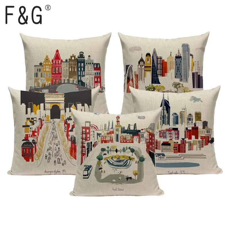 High Quality Square Linen Decorative Cushion Covers London Architecture One Side Print Pillow Case Custom Throw Pillows