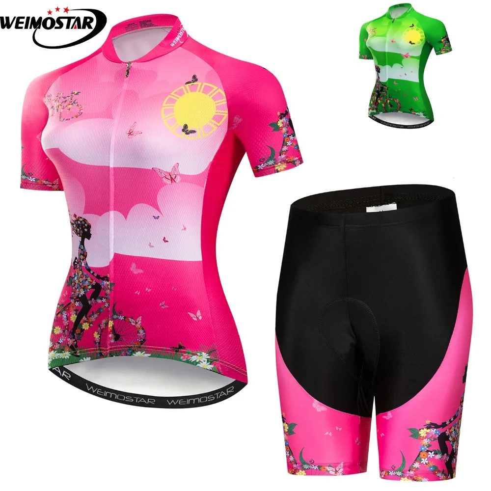 

Women Cycling Jersey Set Summer MTB Road Bike Jersey Short Sleeve and GEL Pad Shorts Bicycle Clothing Ciclismo Girl Pink Green