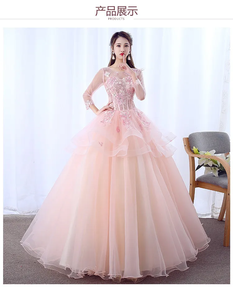 100%real light pale pink fairy long sleeve cosplay ball gown royal princess Medieval Renaissance Victorian dress Belle ball