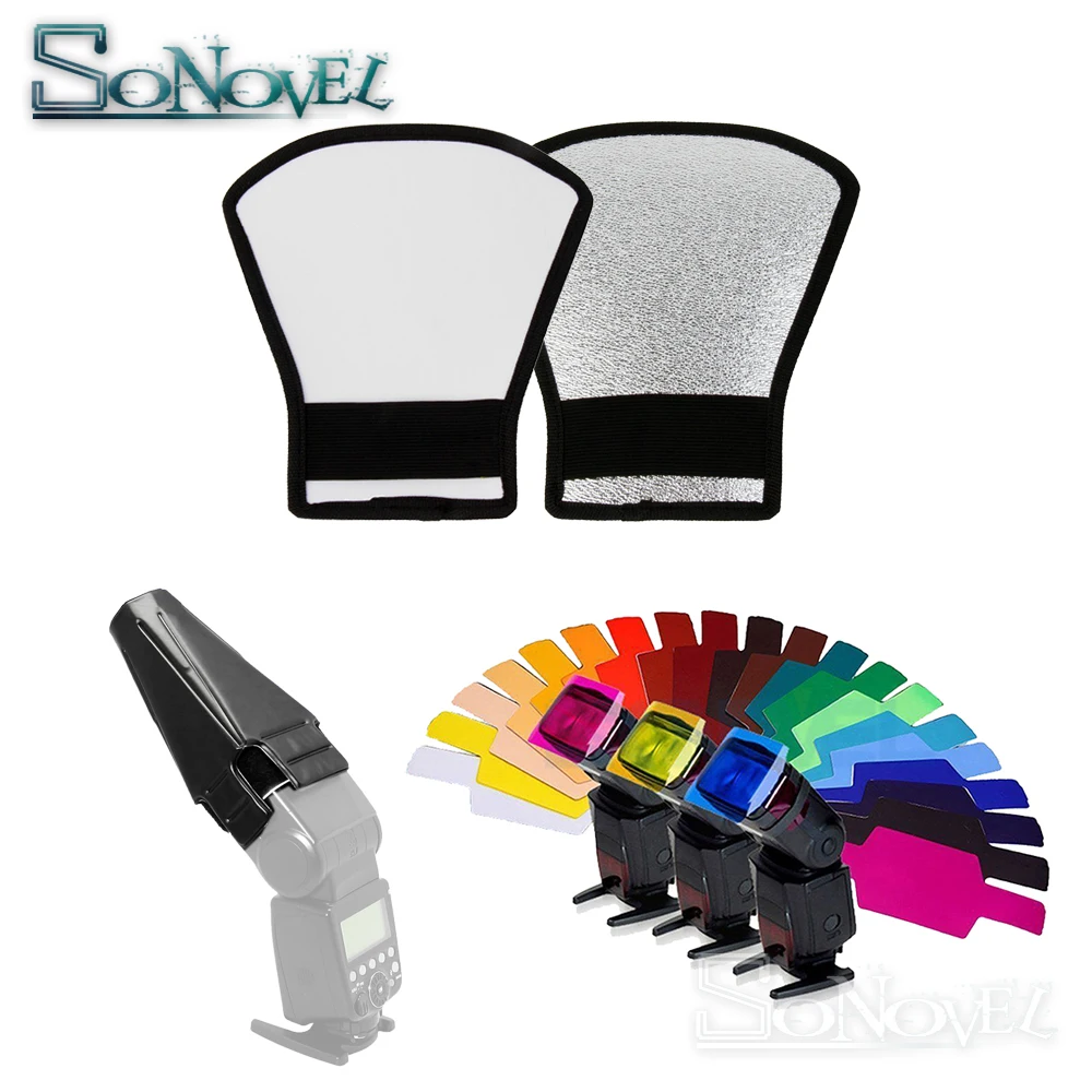 Гелевый светорассеиватель для вспышки, 20 цветов, серебристый/белый отражатель + складной луч Speedlight Snoot, диффузор для Canon, Nikon, Godox, Yongnuo