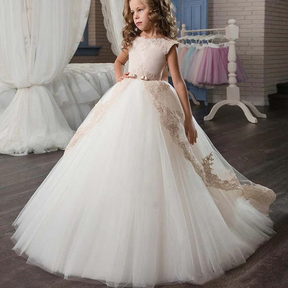 

Elegant Cap Seeves Lace A Line Flower Girl Dresses Tulle Applique Bow Sash Floor Length Gilrs 'Pageant Party Dresses