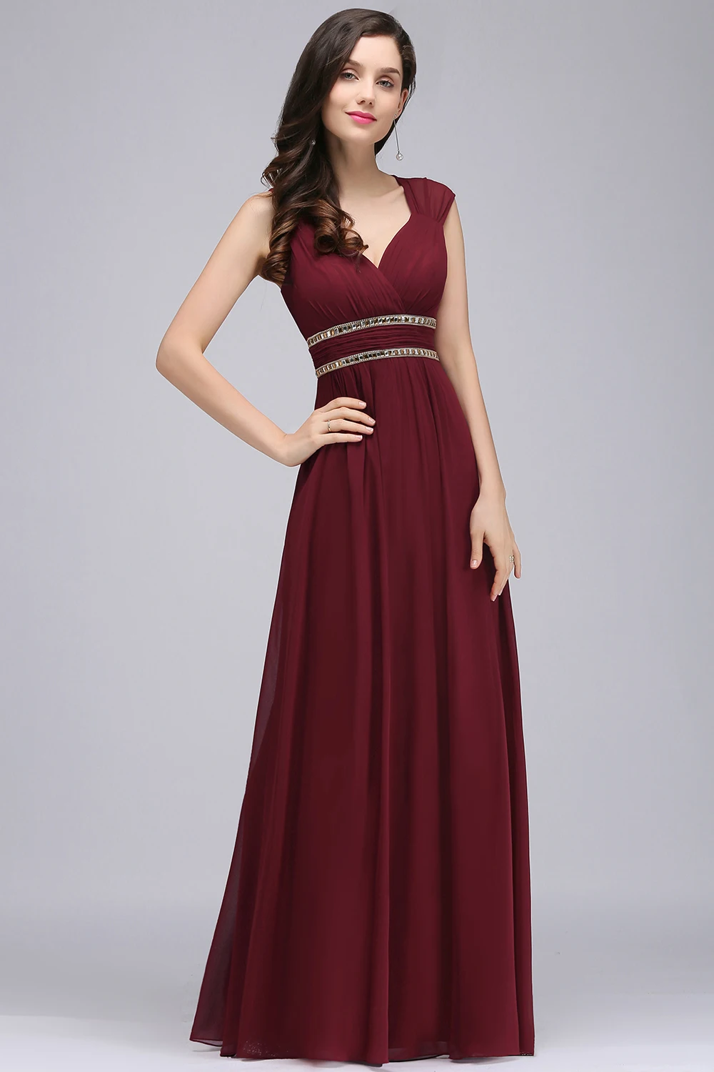 Chiffon Prom Kleid V Neck Friesen Burgund Lange Frauen Brautjungfer Kleider Backless Bodenlangen Ärmellose Formale Partei Kleid