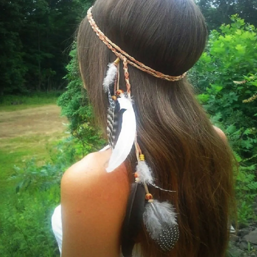 Boho Indian Feather Headband Headdress Hair Rope Headwear Tribal Hippie Party New