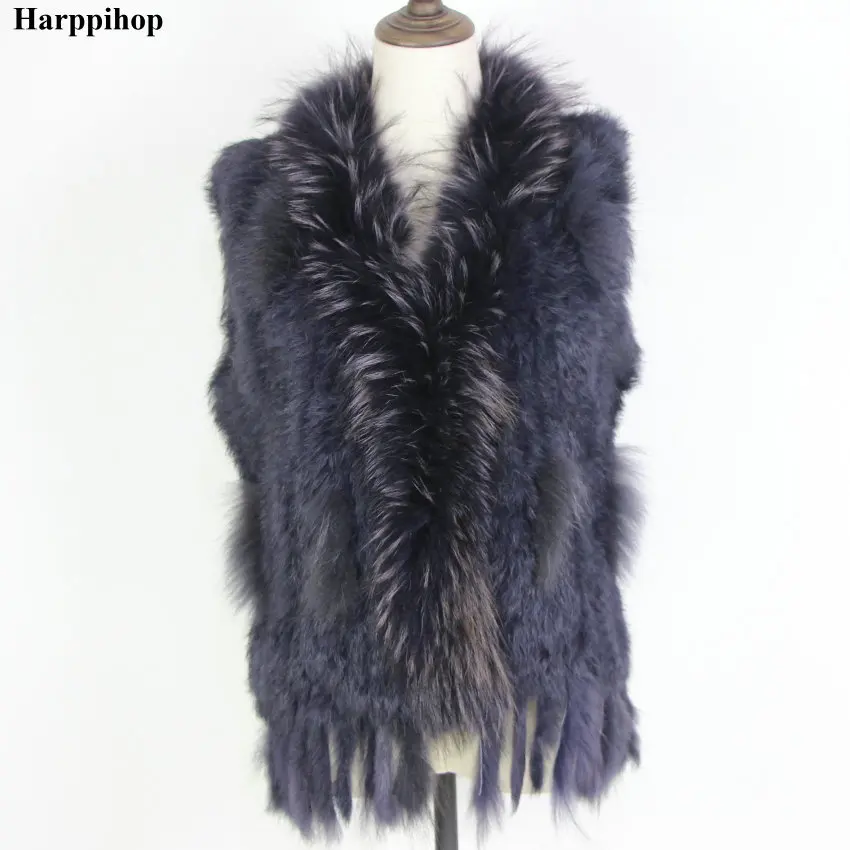 Harppihop Free shipping womens natural real rabbit fur vest with raccoon fur collar waistcoat/jackets rex rabbit knitted winte