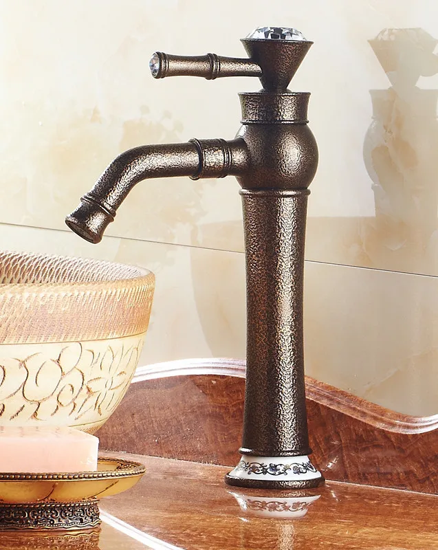 Antique Brass Basin Mixer Tap Bathroom Copper Faucets Deck Mounted Faucet with Diamond handle RB1048