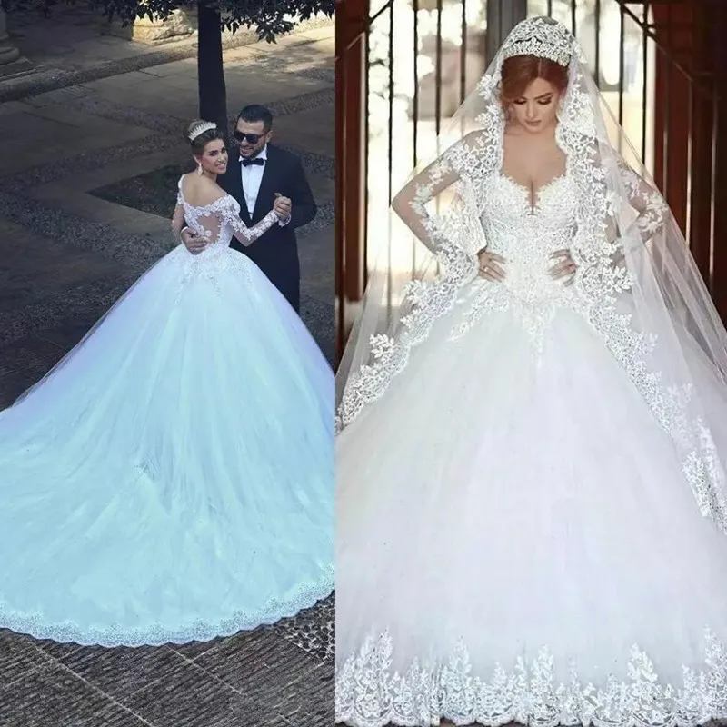 

Modern Arabic Vestido De Noiva 2024 Long Sleeves Lace Appliques Wedding Dress Beads Long Chapel Train Plus Size Bridal Gowns