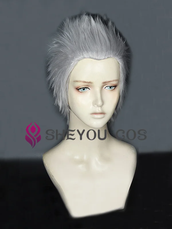 Vergil Cosplay Wig Short Silver Slicked-back Hair Heat Resistant Cosplay Costumes Halloween Cos Hair Wigs + Wig Cap