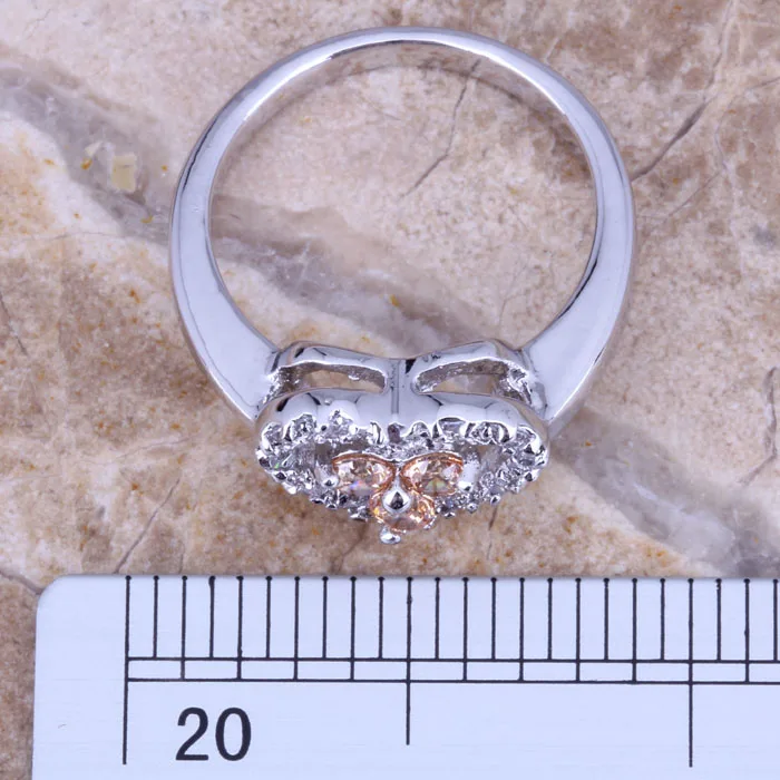 Gorgeous White CZ Brown Morganite Silver Plated Stamped Heart Ring Size 6 / 7 / 8 / 9 R0172