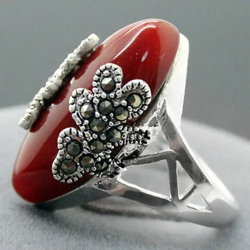 

wholesale Beautiful Marcasite 925 red Natural JADE jewelry sterling silver ring size 7-10