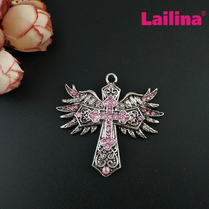 50pcs/lot Angel Wings Pendant Charms Antique Silver Color Christian Crystal Cross Vintage Necklace Pendant Jewelry Accessories