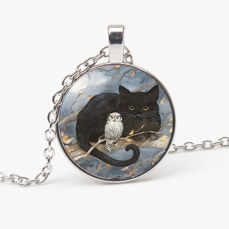 Fashion Black Cat Owl Pattern Necklace Glamour Painting Cat Glass Crystal Pendant Sweater Chain Men's Women's Accessorie Jewelry