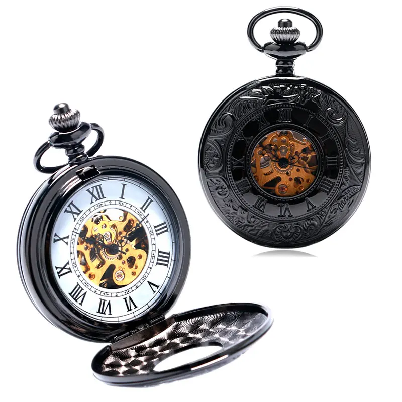 Vintage Retro Double Hunter Mechanical Hand Wind Pocket Watch Skeleton White Numbers Dial Men Women Watches Clock Necklace Gift