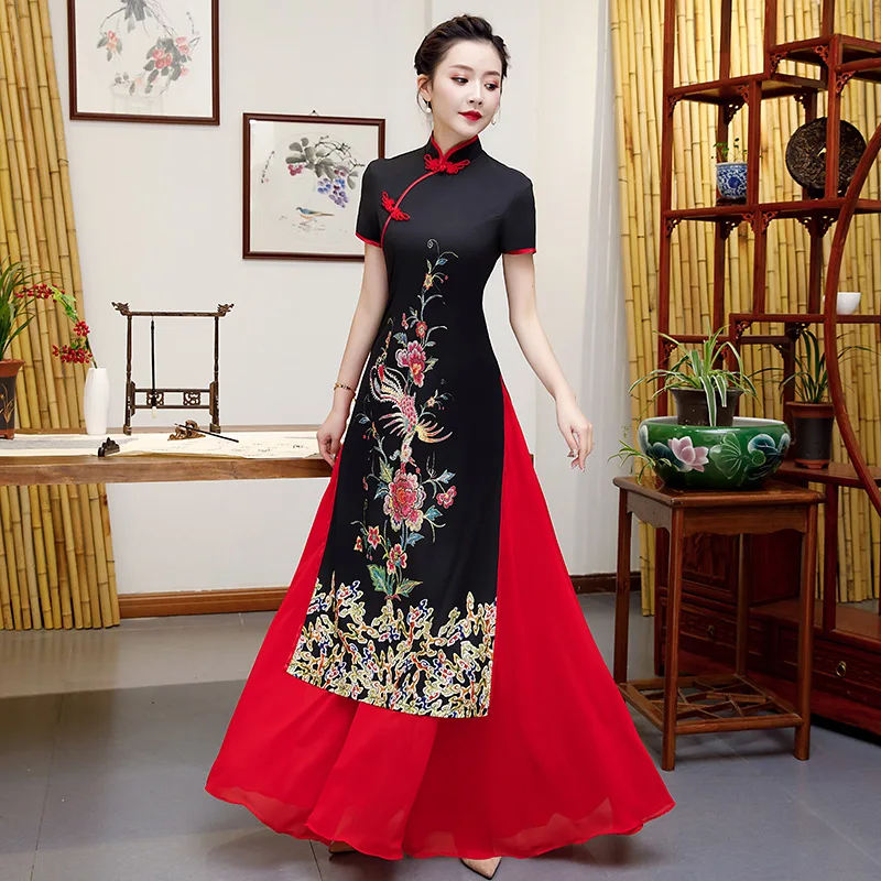 

High Quality 5XL Aodai Qipao Dress Chinese Traditional Women Embroidery Flower 4XL Cheongsam Novelty Chinese Formal Party Dress