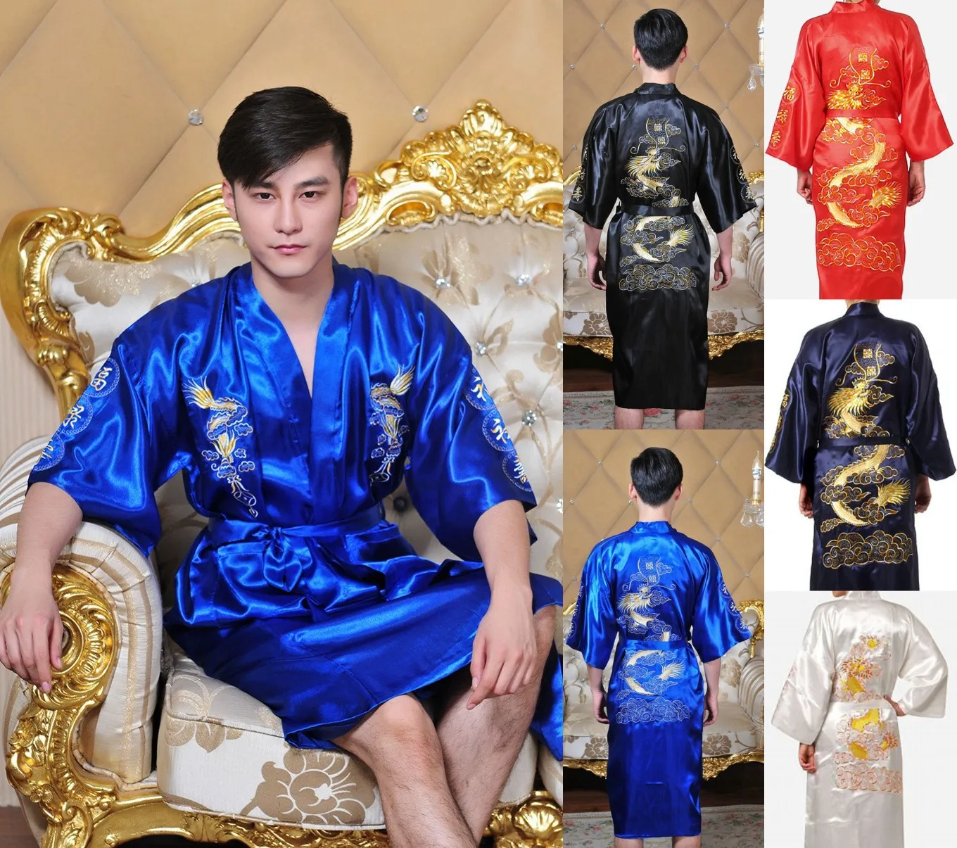 

New Arrival Navy Blue Male Silk Robe Chinese Classic Embroidery Night Wear Traditional Kimono Gow 167