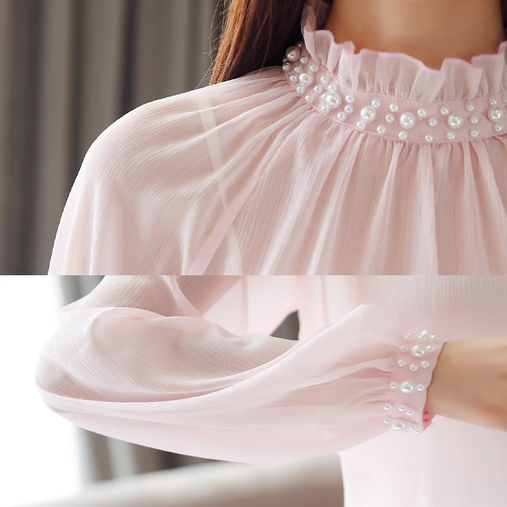 Spring Autumn New Chiffon blouse long sleeve womens tops and blouses lace bottom female clothes beading women shirts clothes