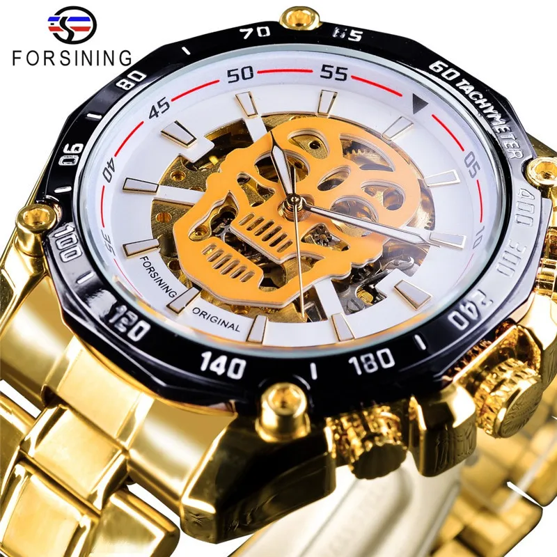 2018 Fashion Winner Brand Mechanical Watch Men Skull Design Clock Luxury Gold Stainless Steel Strap Man Skeleton Men Auto Wrist