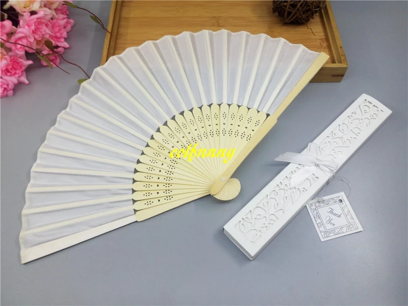 

200pcs/lot Satin Silk folding Hand Held Folding Bamboo Fans With retail box For Wedding Favor Can Customize logo