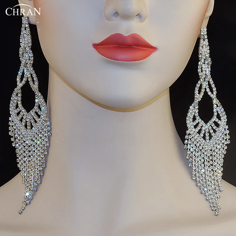 CHRAN Vintage Silver Plated Rhinestone Long Tassels Chandelier Dangle Earrings for Women Unique Design Bridalmaid Party Jewelry