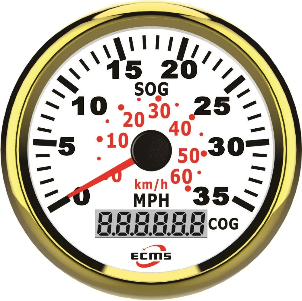 

Marine Boat Car Truck GPS Speedometer Gauge 9-32V 35MPH 85mm 316L Golden Bezel White Dial 900-00052